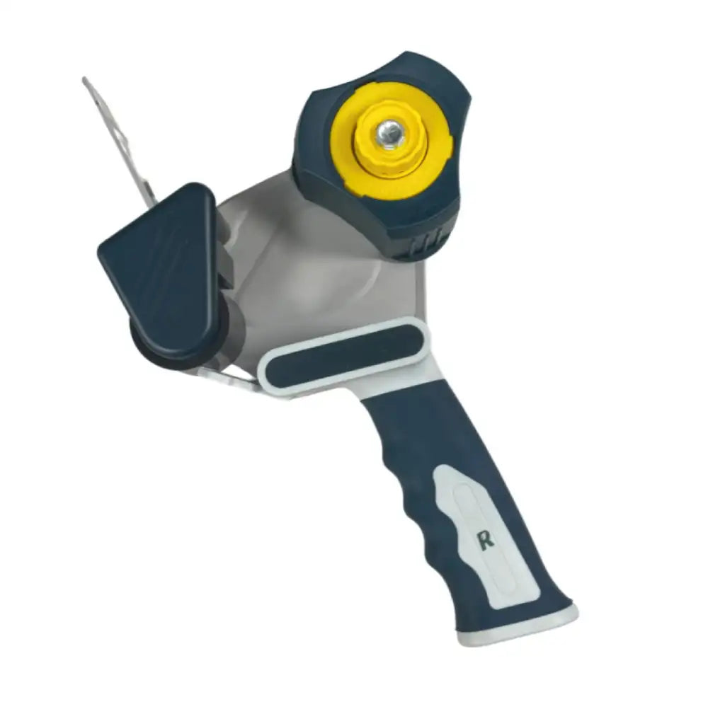 Handheld Blue and yellow tape dispenser on a white background